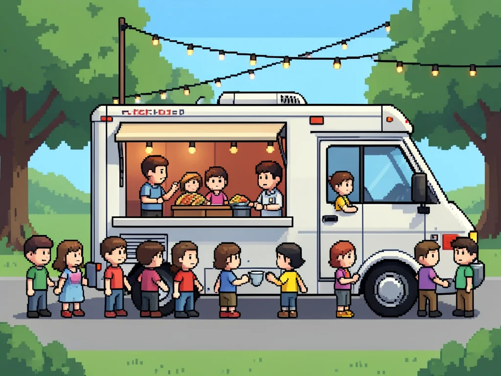 A pixel art food truck: queue of tiny characters, the truck serving tacos, strin