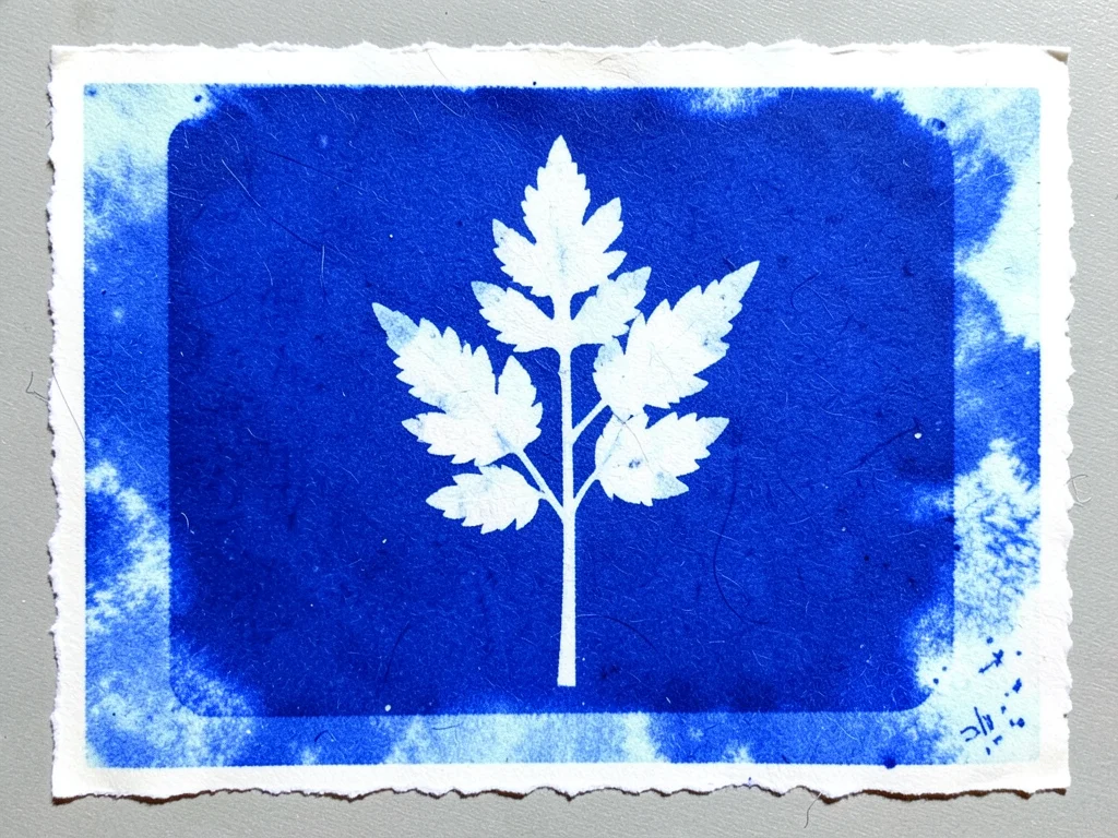 Cyanotype with selective bleaching, patches of light blue where tannic acid part