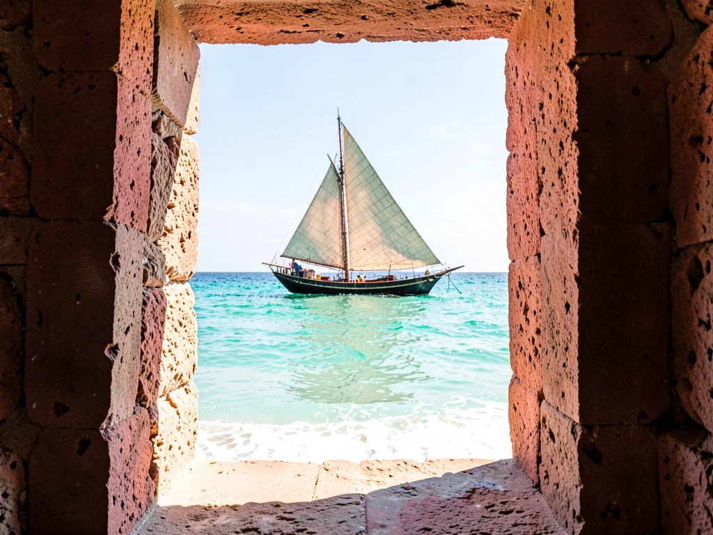 Brilliant Indian Ocean noon light in Dar es Salaam, Coral stone doorway framing 