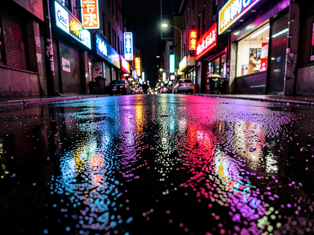 Wet pavement neon reflection