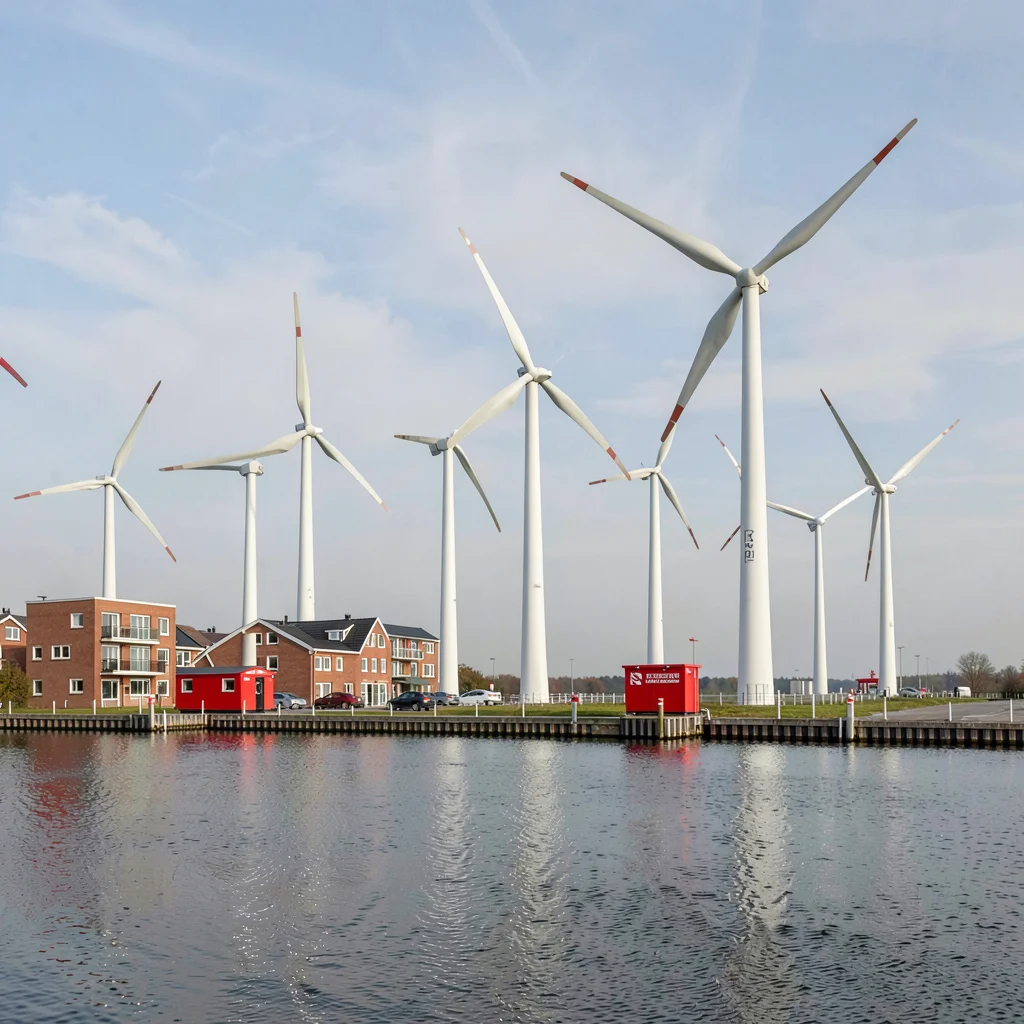 Danish design infrastructure, hygge mechanics, Wind turbines in row, white colum