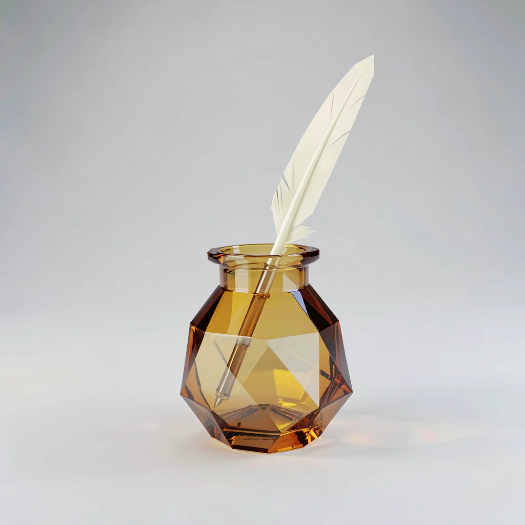 Sleek amber lowpoly inkwell with a faceted body and a slim crystalline quill res