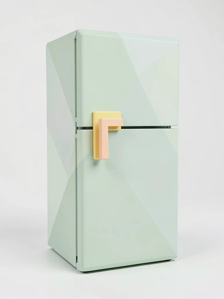 Refrigerator mint-green lowpoly fridge with a peach handle and chunky butter-yel