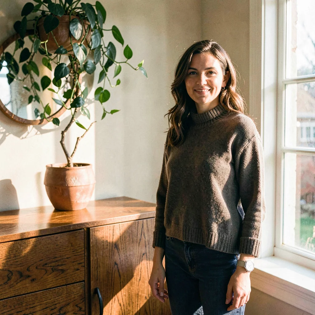 Stylized headshot setting: a figure standing by a teak credenza with a houseplan