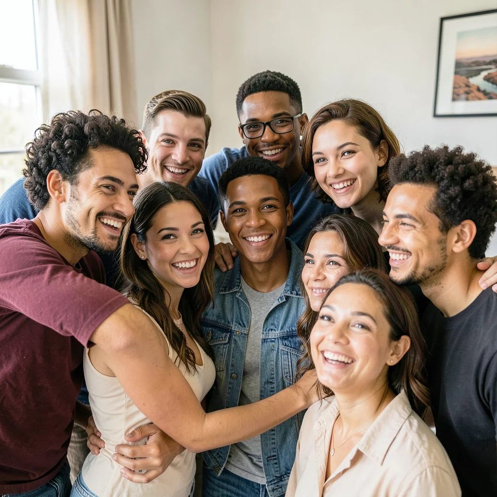 Group of friends in tight circle, all visible