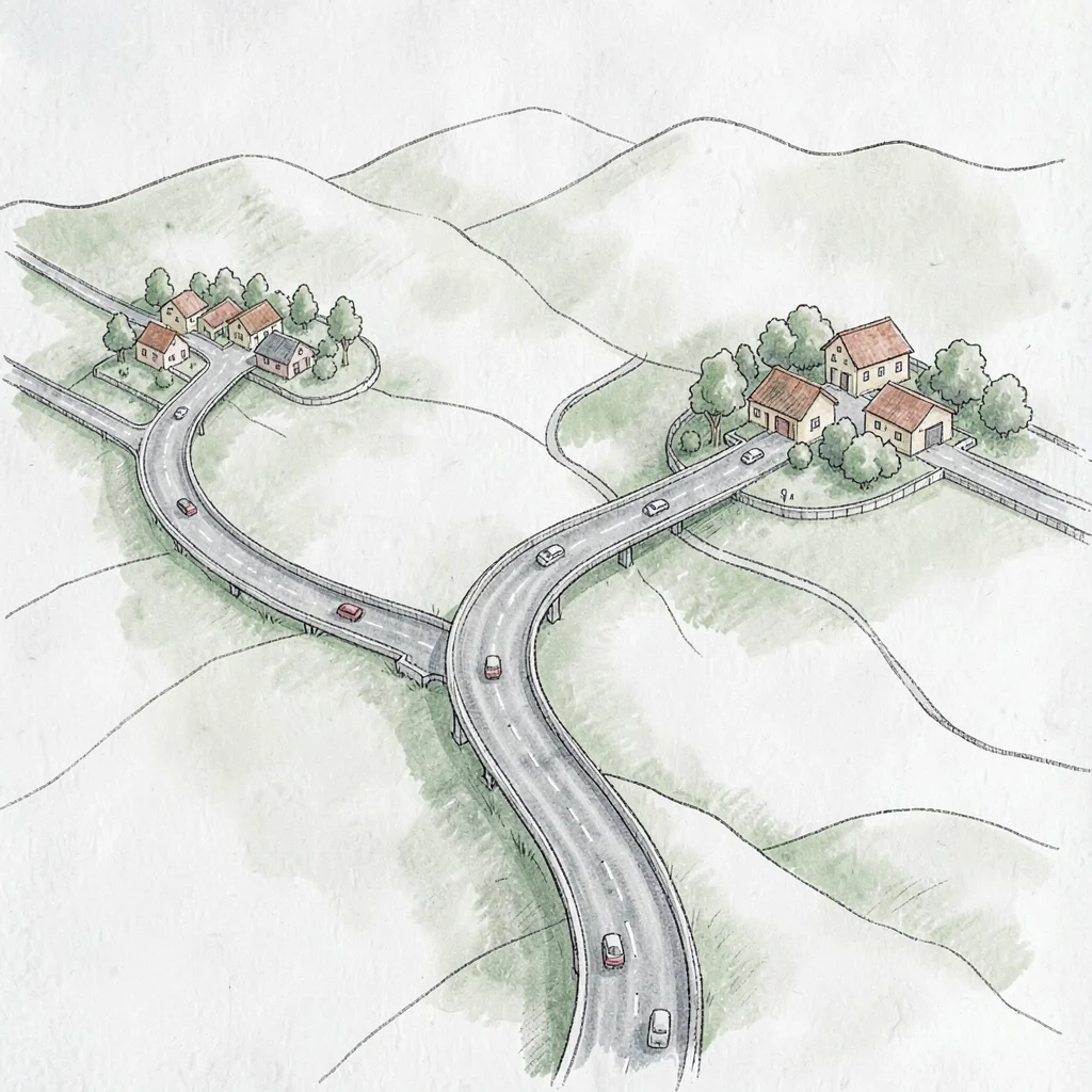 Cartographic illustration of a long highway curve between two small town cluster