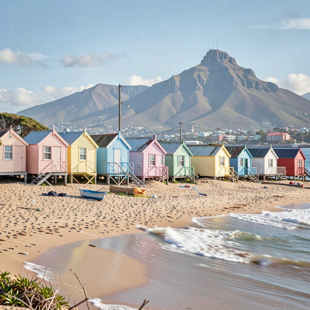 Cape Town southeaster wind shaping the scene, Muizenberg beach huts with wind-wh