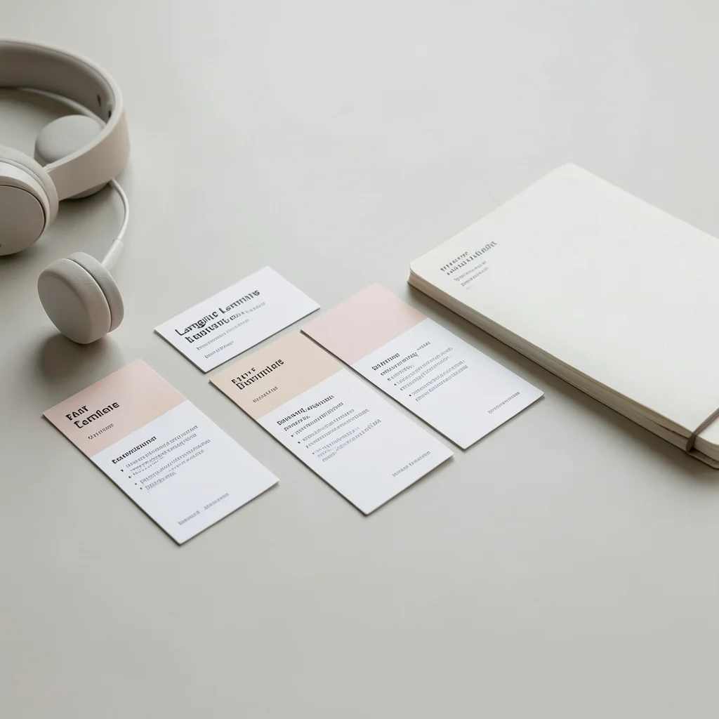 Language learning flashcards spread on a table with headphones and a notebook