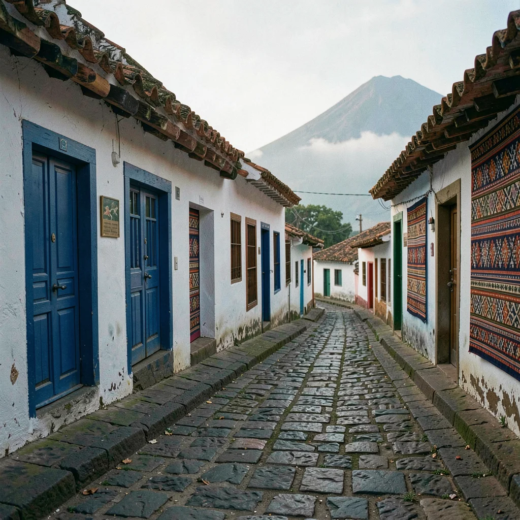 Documentary photograph with Guatemalan highland aesthetic, Cobblestone street in