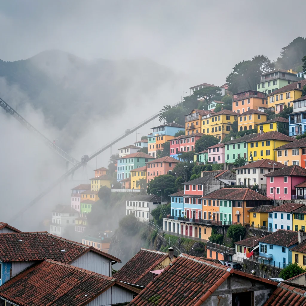 Valparaiso hillside color, painted houses climbing, Morning fog rolling up throu