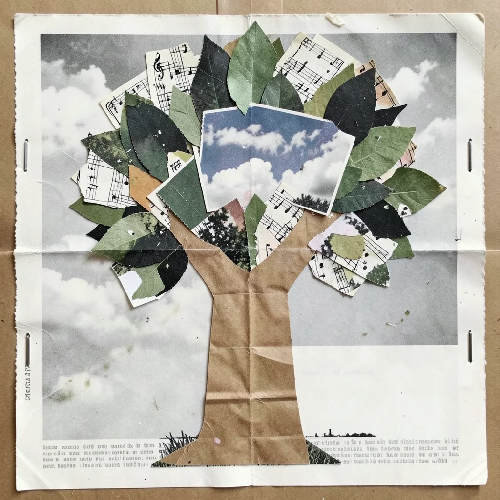 A tree built from layered paper scraps — music sheets for leaves, brown paper ba