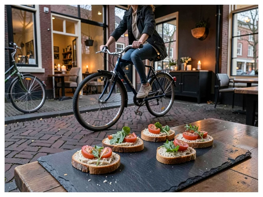 Bicycle rhythm through Copenhagen, smørrebrød arranged on a dark slate, the open