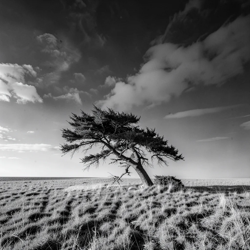 Vast horizontal landscape, extreme width composition, A lone tree bent by prevai