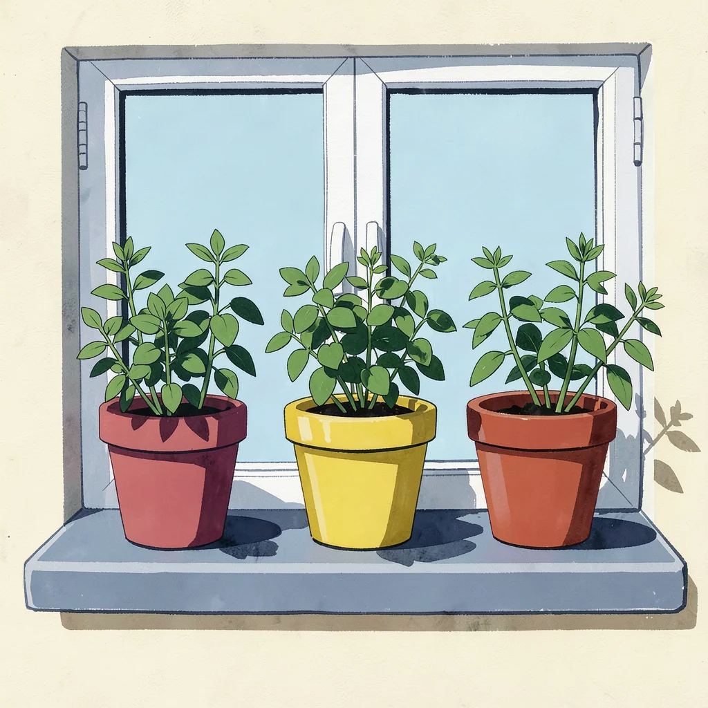 Kitchen windowsill with three herb pots, each pot a different vivid flat color