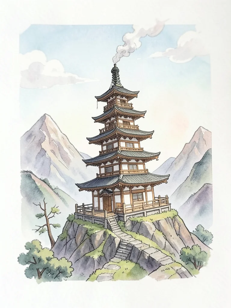 Wizard's tower in mountain, tilt-shift, toy-like, smoke from chimney