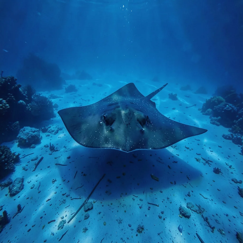 Deep oceanic blue saturation, light filtering through density, A stingray glidin