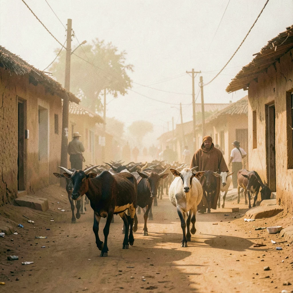 Golden Harmattan dust haze in Bamako, Mali, Goat herd moving through dusty villa