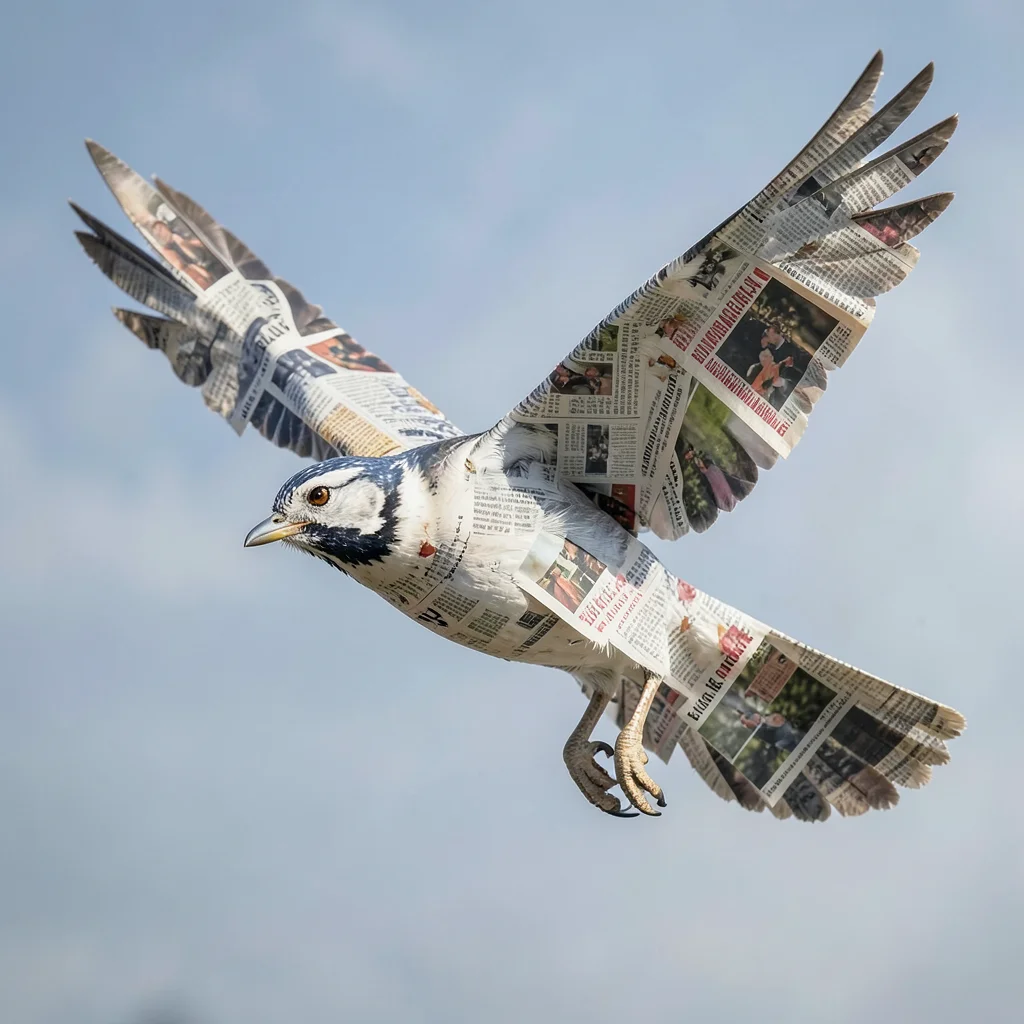 Bird in flight but wings are made of newspaper clippings, body is photograph