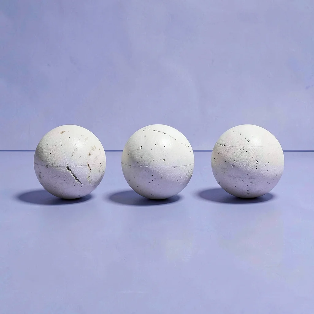 Wide retargeting layout of three chalk balls arranged in a row across a periwink