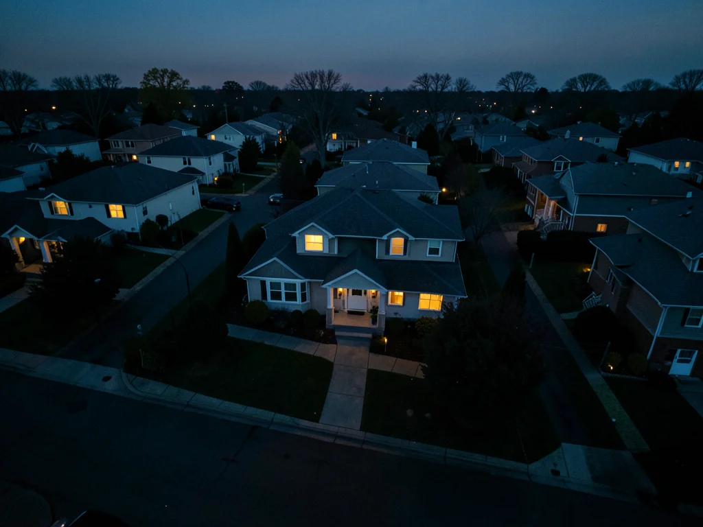 Cul-de-sac from above at dusk, identical houses, one with all lights off