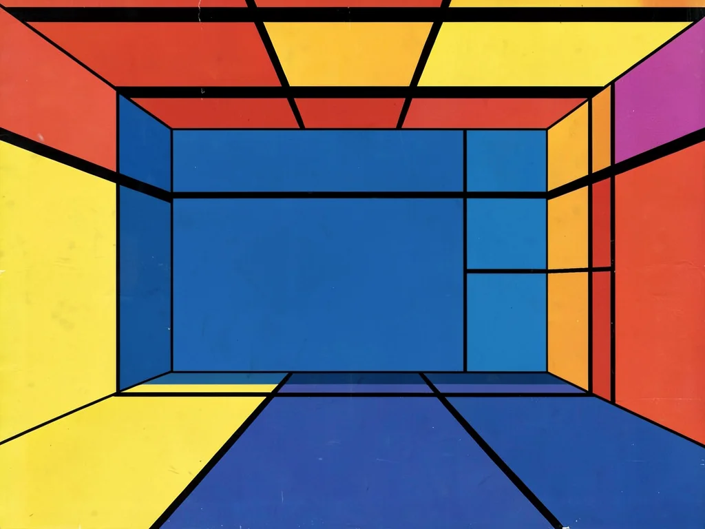 Interior room view reduced to colored wall planes, floor rectangle, ceiling bar