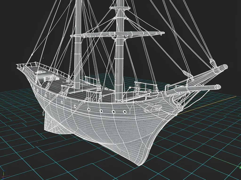 A sailing ship hull in profile, frame lines and planking visible as a white mesh