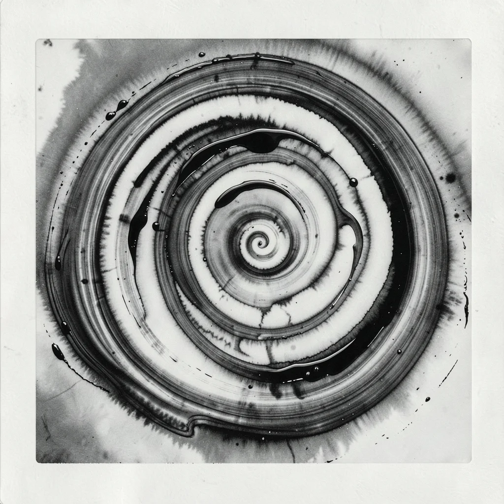 An organic swirling chemigram — varnish resist brushed in loose spirals, tones b