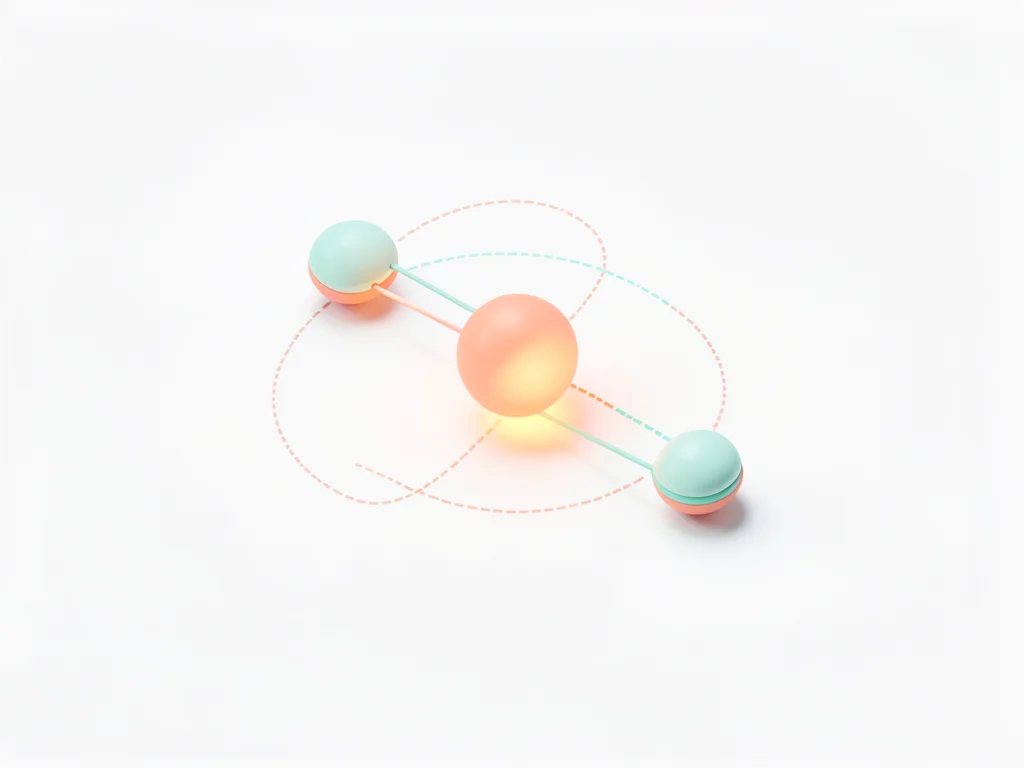 Compact isometric cluster of three orbiting nodes around a central glowing orb, 