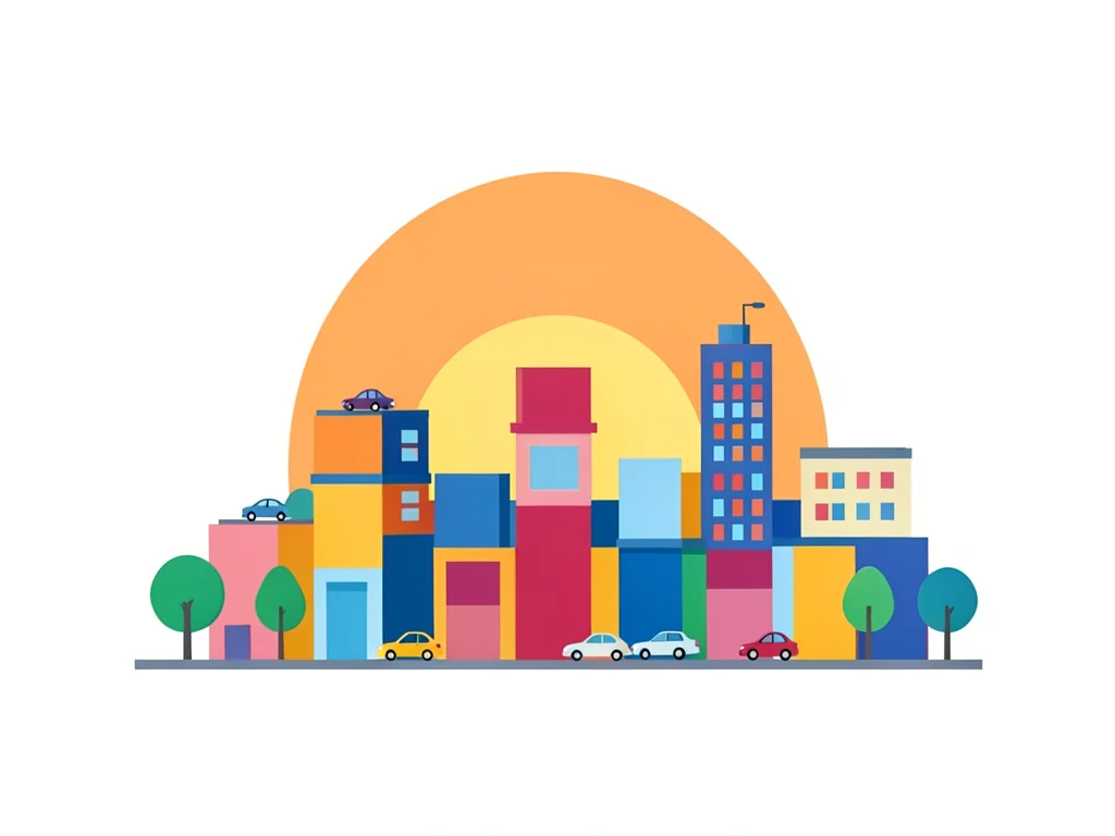 A cityscape made of geometric building blocks with tiny cars and trees, a sunris