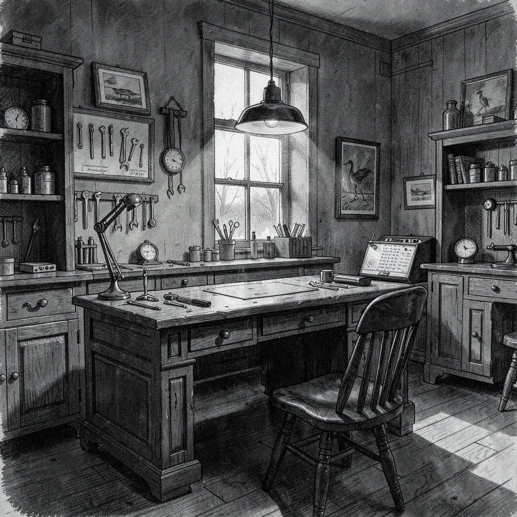 Moody charcoal interior of a watchmaker's bench seen from across the room, low p