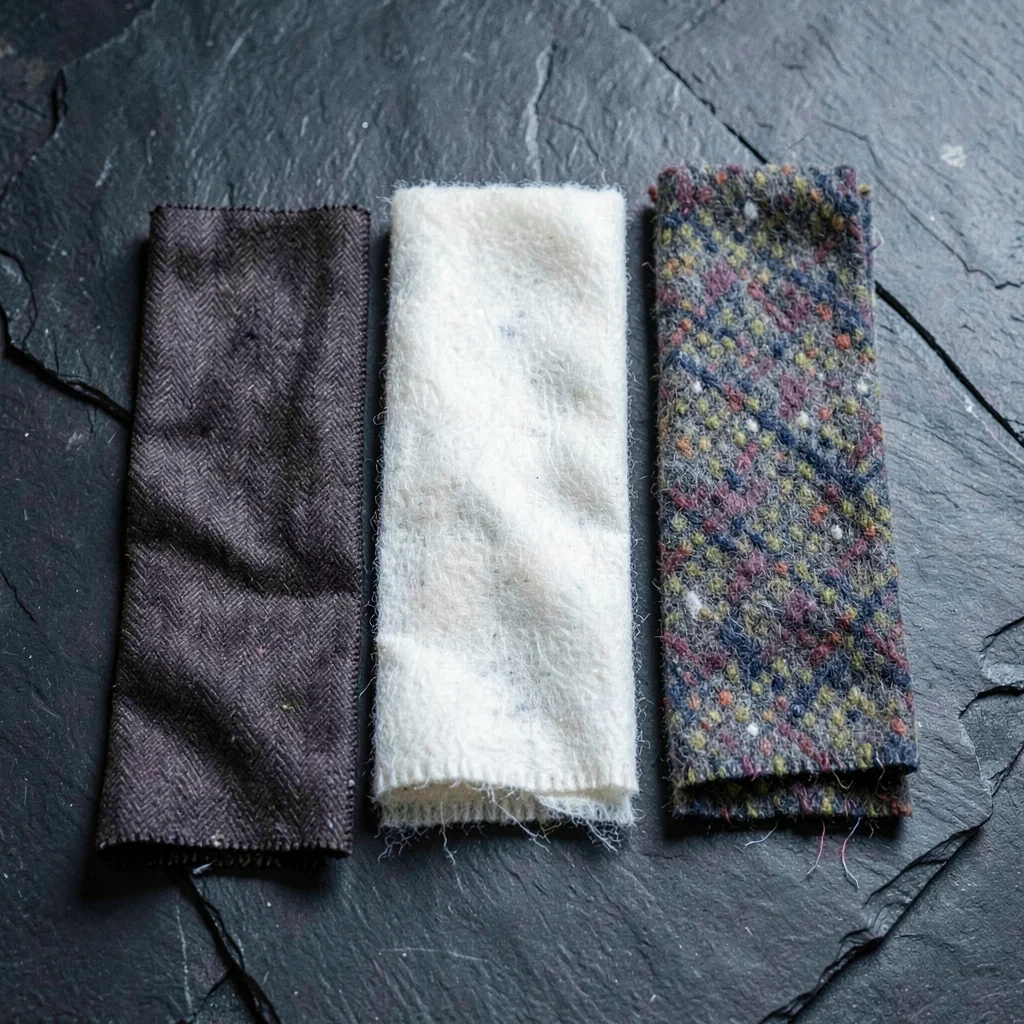 Cross-section study of three scarf fabrics on dark stone, silk twill, cashmere, 