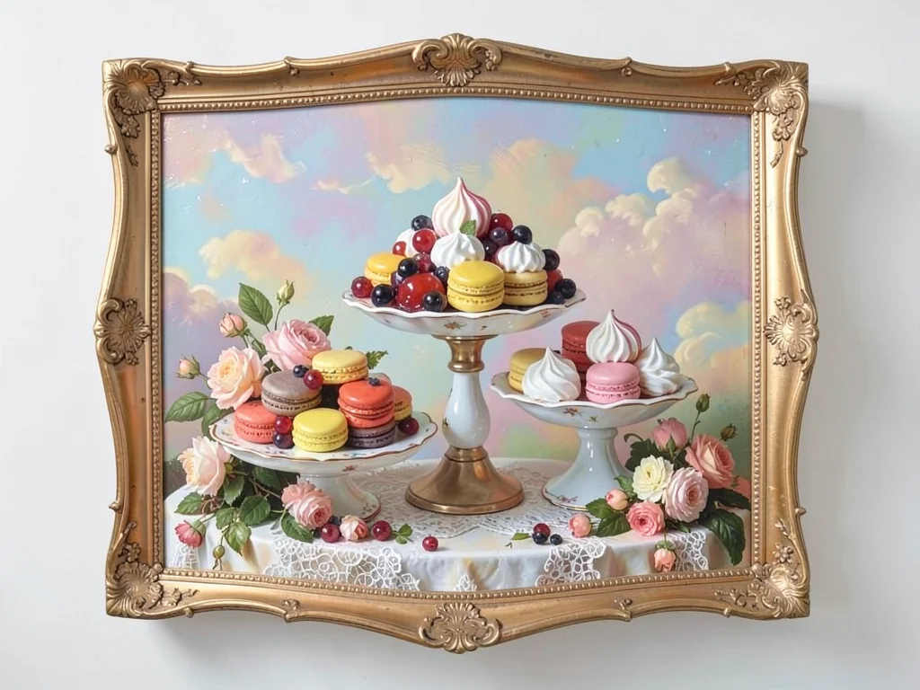 Dessert table detail — macarons, meringues, and glazed berries heaped on tiered 