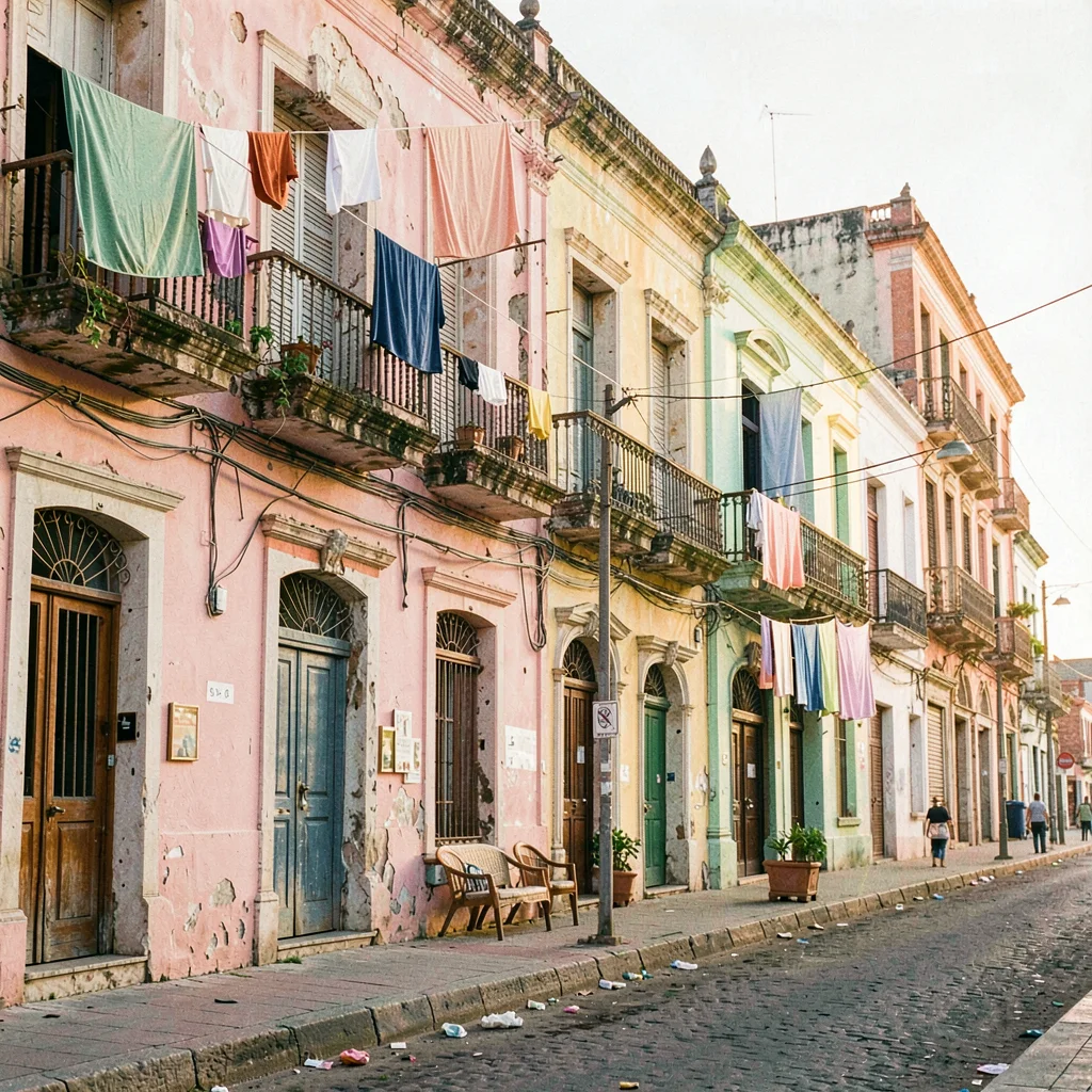 Faded pastel decay of Havana, Cuba, Laundry strung between buildings, colored sh