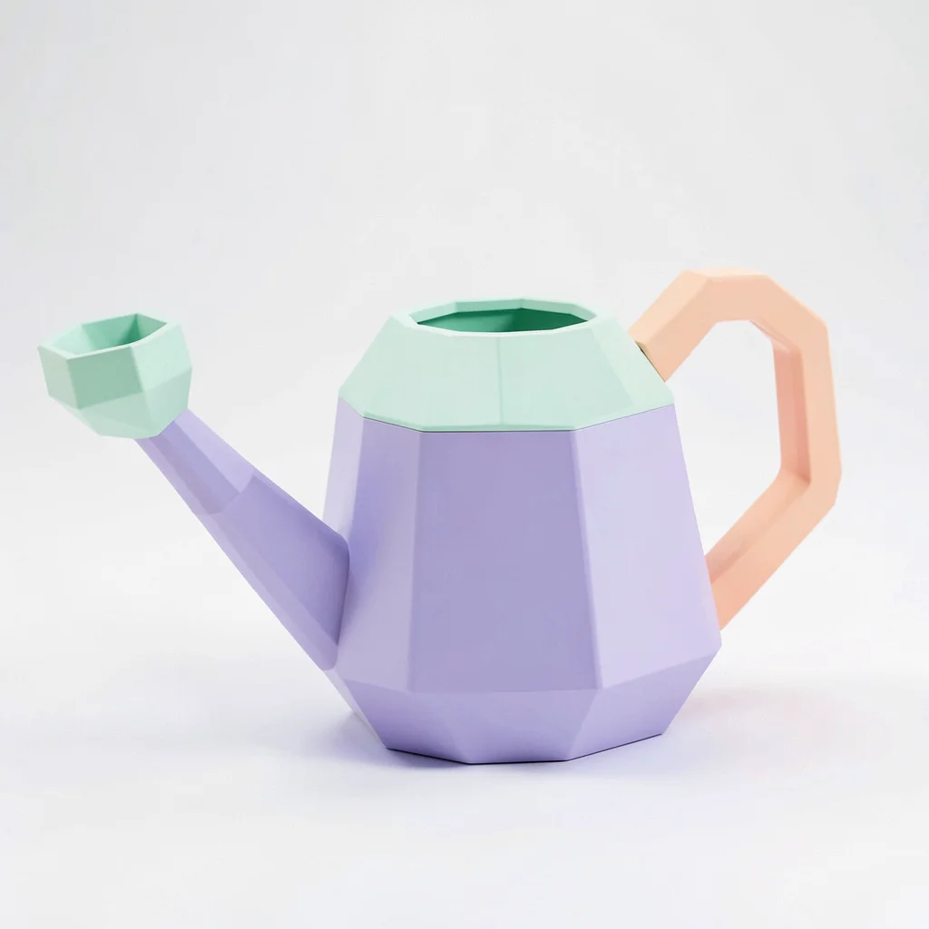 Spouted lavender lowpoly watering can with chunky mint spout holes and a peach h