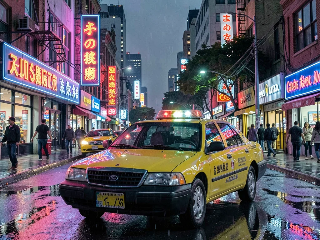 Taxi in neon district