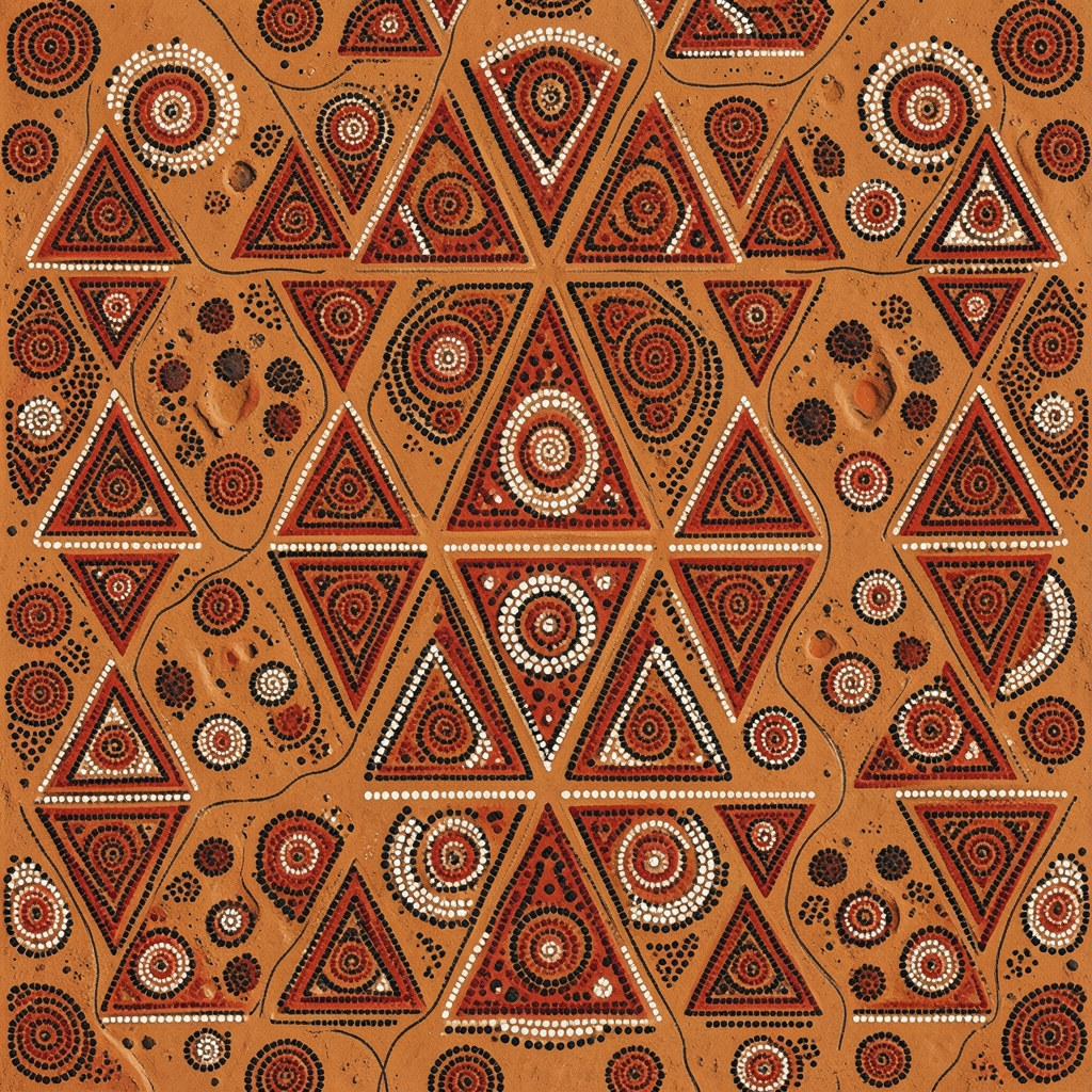 Aboriginal Australian dot painting aesthetic,. A repeating aerial-pattern composition in the Western Desert Aboriginal d