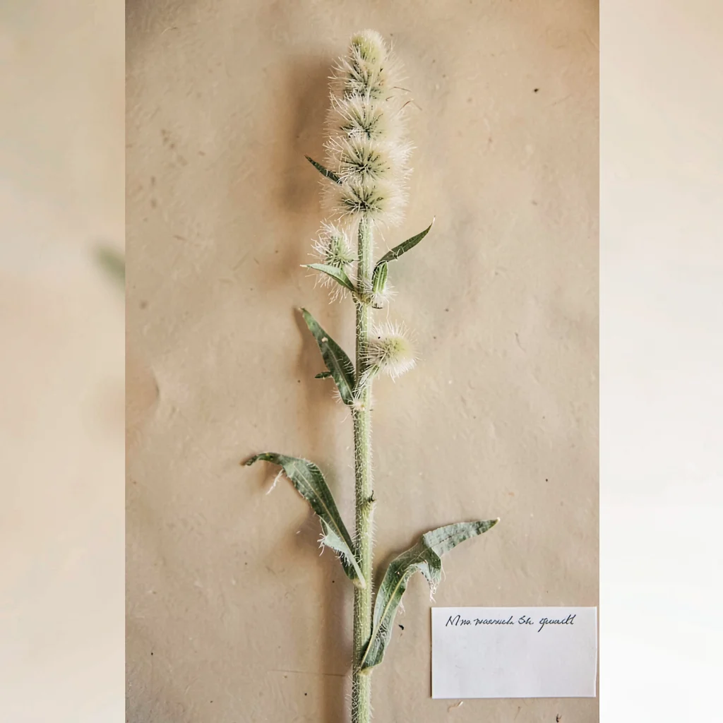 Vertical botanical of a tall mullein stalk with downy leaves, herbarium label sp