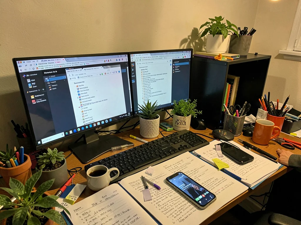 Desk setup for productivity with plants and organizers, covered in random clutte