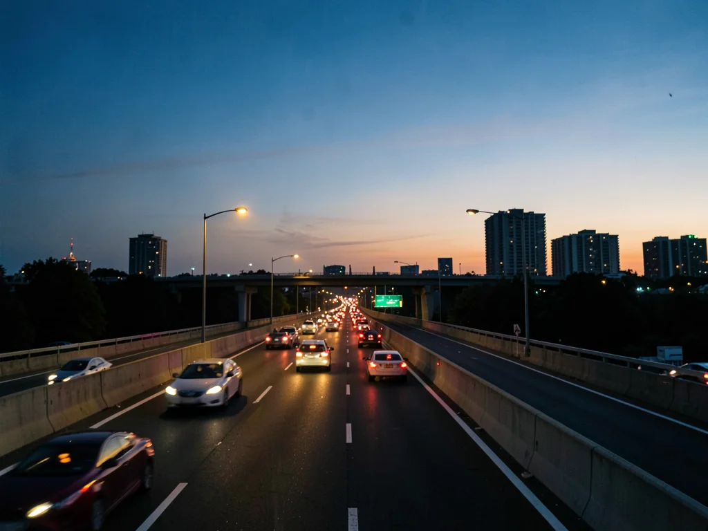 Highway on-ramp view from overpass, Sunday traffic heading back to the city