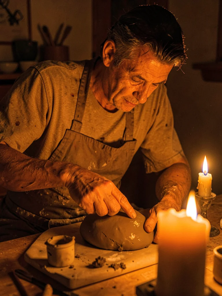 Sculptor working clay at 3am by candlelight only, wet clay gleaming orange