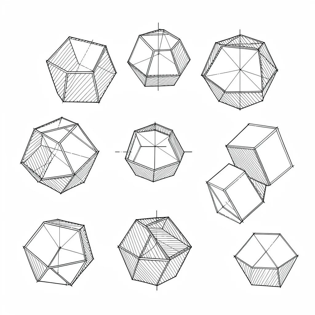 Blueprint exploded view of a nested polyhedra family with hatched faces