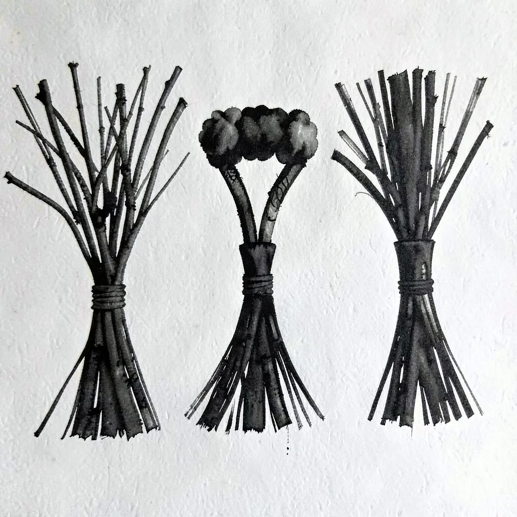 Pen-ink elevation of five broom silhouettes deconstructed into hurl shapes