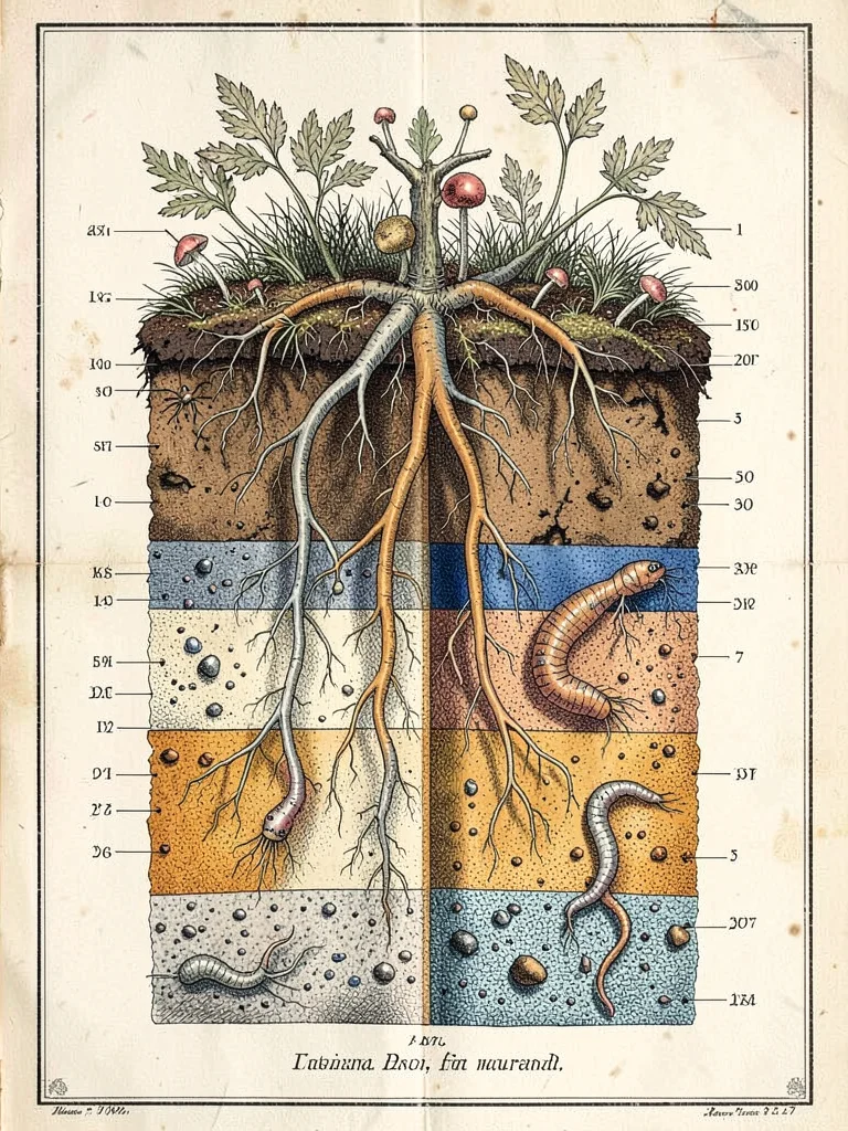 Cross-section of a fertile soil column revealing roots, fungi, worms, and minera
