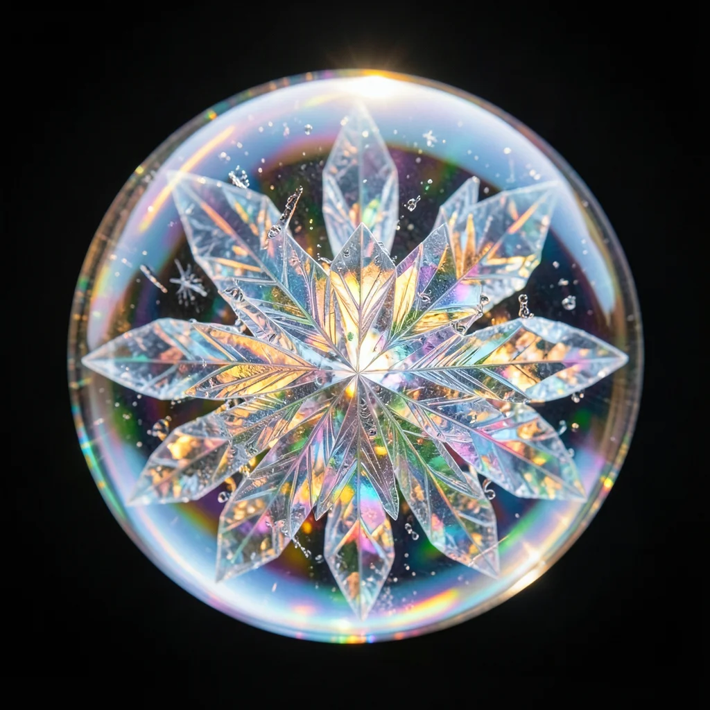 Frozen soap bubble with crystal patterns forming on surface, iridescent, morning