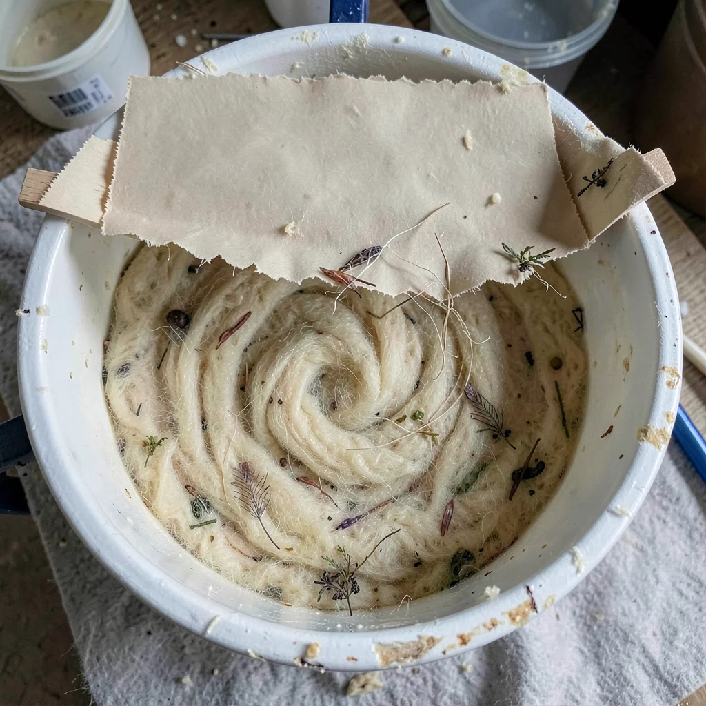 An overhead view of a vat of pulp with fibres swirling, deckle resting on the ri