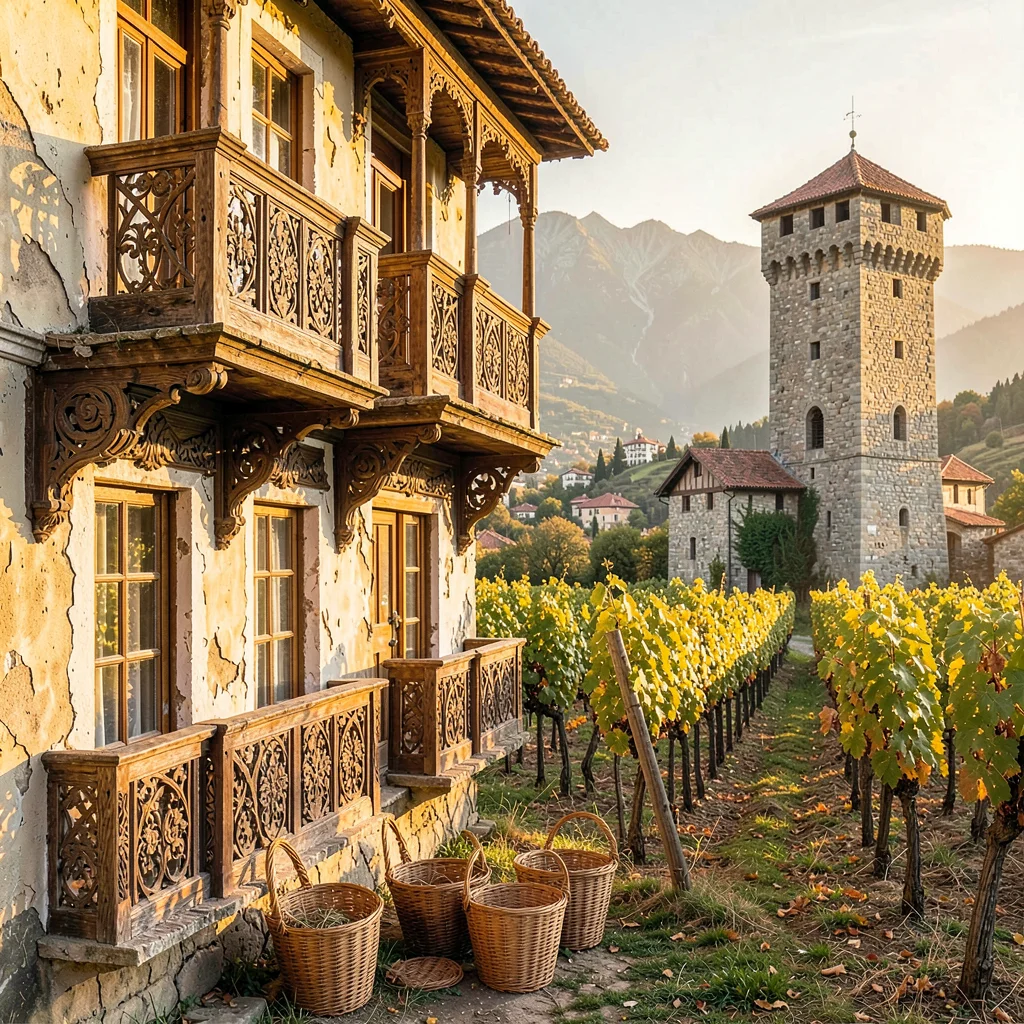 Crumbling Art Nouveau balconies in golden Tbilisi light, wine harvest scene with
