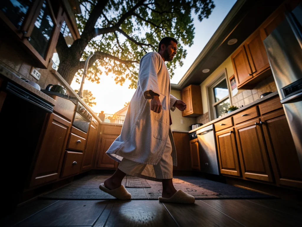 Person in robe and slippers walking to kitchen, tree in background, dawn