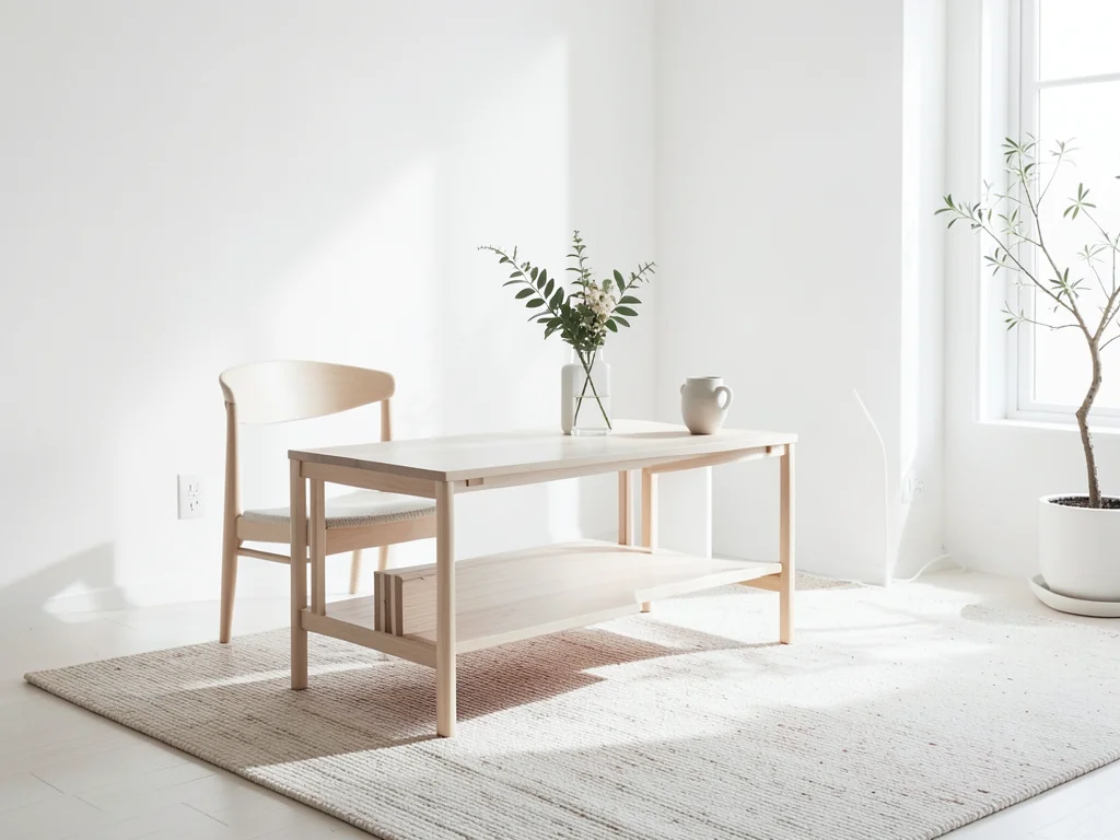 Minimalist Japanese joinery furniture in white Scandinavian apartment, clean lin