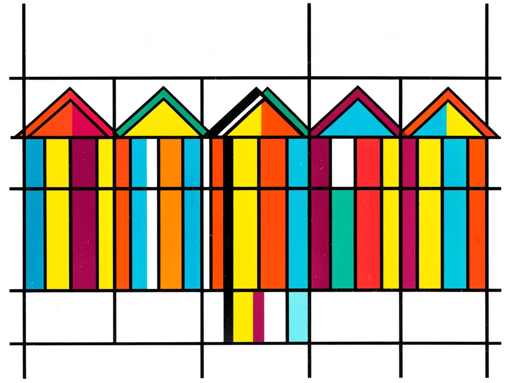 Row of painted beach huts reduced to a grid of primary color vertical bars