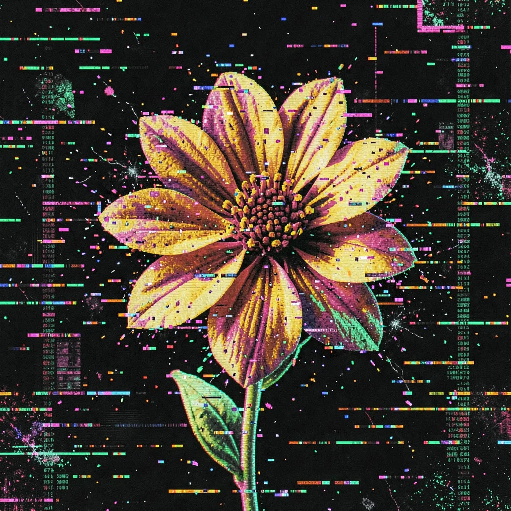 Glitch art illustration, flower blooming through pixel errors , digital corrupti